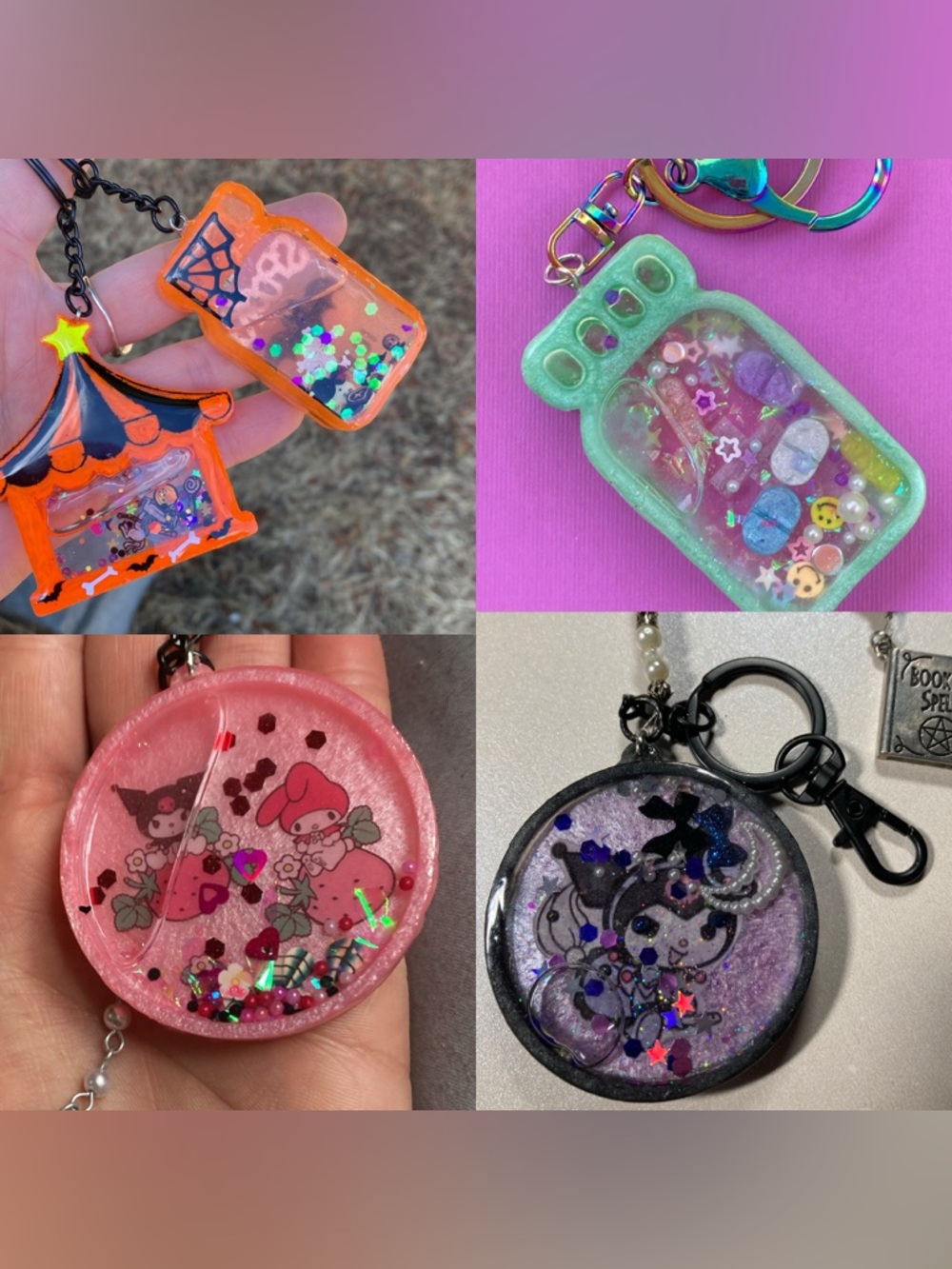 Handmade epoxy resin keychain shaker bag charm unique one of a kind